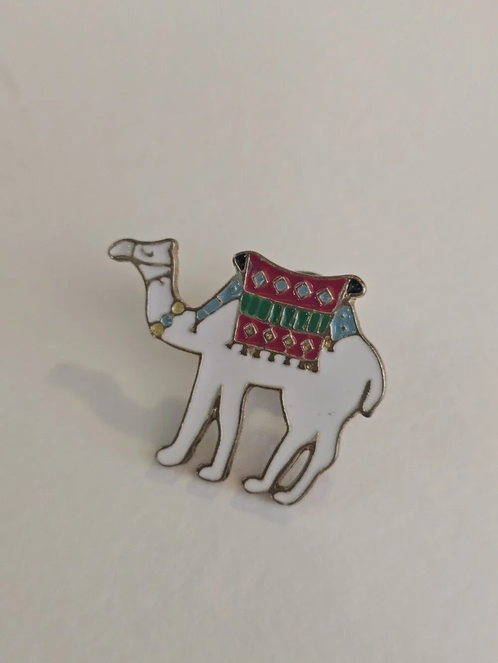 Vintage White Camel Enamel Brooch with Pink and Green Accents
